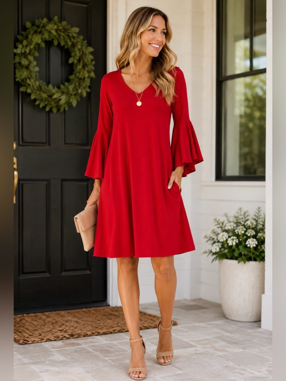 Women's Red/burnt orange Bell Sleeve Dress